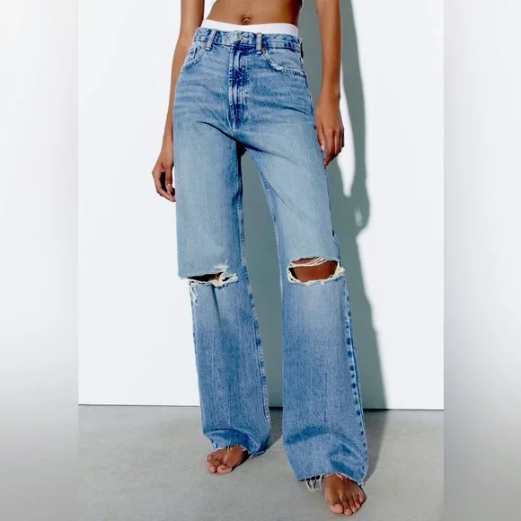 HOT Wide Leg Flare Fit Zara Zara Jeans Zara Ripped Wide Leg